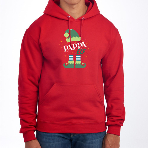Red Hoodie printed with cheerful festive coloured Pappa Elf design in the centre of the chest. Co-ordinates with our Trainee Elf, Mumma Elf, and Personalised Elf designs.
