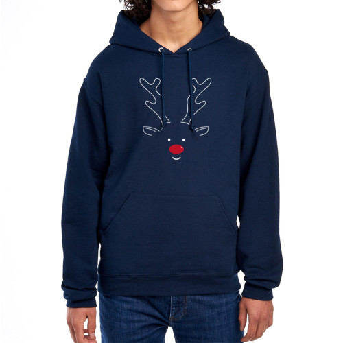 Navy Blue Hoodie printed with stylised minimalist reindeer design on the front. A great choice for everyday wear during the festive season.