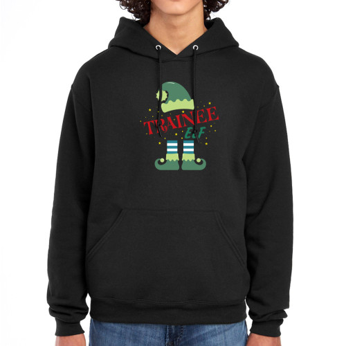 Black Hoodie printed with cheerful festive coloured Trainee Elf design in the centre of the chest. Suitable for trainee elves of all ages.