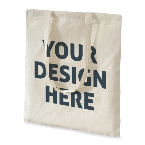 Natural cotton tote with long handles. 'Your Design Here' in grey is centred on one side of the bag.