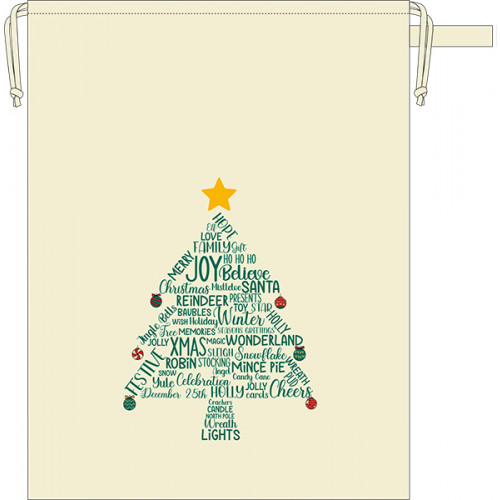 Natural cotton sack printed with Christmas tree design. The tree is made up of festive seasonal words & phrases in green, with colourful baubles hanging off the points of the branches and top