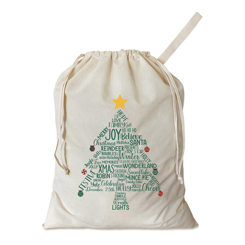 Natural cotton sack printed with Christmas tree design. The tree is made up of festive seasonal words & phrases in green, with colourful baubles hanging off the points of the branches and top
