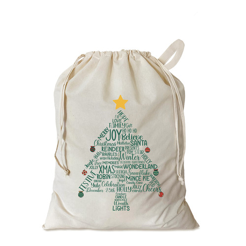 Natural cotton sack printed with Christmas tree design. The tree is made up of festive seasonal words & phrases in green, with colourful baubles hanging off the points of the branches and top