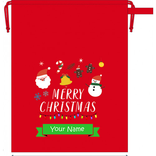 Red cotton sack printed with colourful design including Santa, snowman, gingerbread men and other festive images as well as the phrase Merry Christmas. At the bottom of the design is a green 