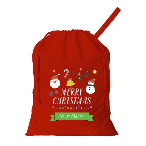 Red cotton sack printed with colourful design including Santa, snowman, gingerbread men and other festive images as well as the phrase Merry Christmas. At the bottom of the design is a green 
