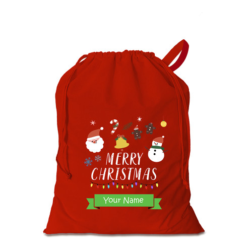 Red cotton sack printed with colourful design including Santa, snowman, gingerbread men and other festive images as well as the phrase Merry Christmas. At the bottom of the design is a green 