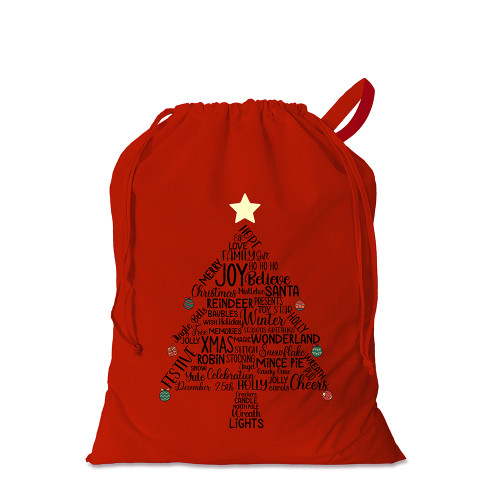 Red cotton sack printed with Christmas tree design. The tree is made up of festive seasonal words & phrases in black, with colourful baubles hanging off the points of the branches and topped 