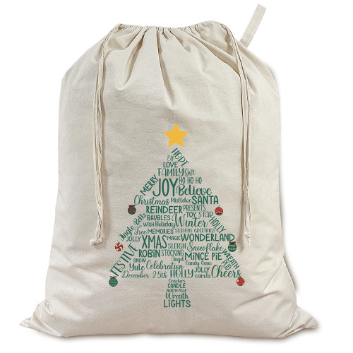 Natural cotton sack printed with Christmas tree design. The tree is made up of festive seasonal words & phrases in green, with colourful baubles hanging off the points of the branches and top