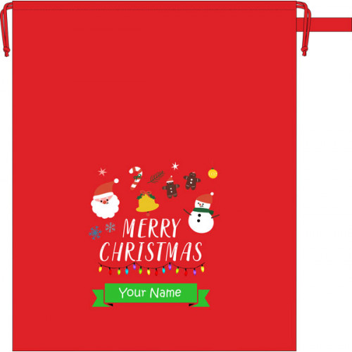 Red cotton sack printed with colourful design including Santa, snowman, gingerbread men and other festive images as well as the phrase Merry Christmas. At the bottom of the design is a green 