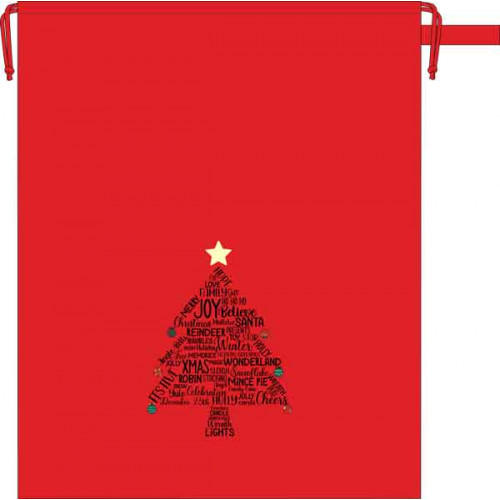 Red cotton sack printed with Christmas tree design. The tree is made up of festive seasonal words & phrases in black, with colourful baubles hanging off the points of the branches and topped 