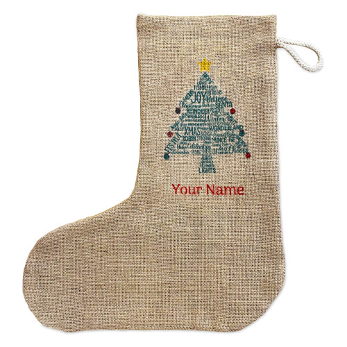 Rustic natural brown jute Christmas stocking with braided cotton hanging loop. Printed on one side is a Christmas tree design made from a collection of festive words with a space for a name t