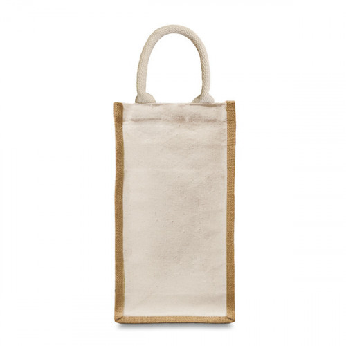 Short handled bag suitable for carrying 2 wine bottles. Natural cotton canvas sides with contrasting jute gusset
