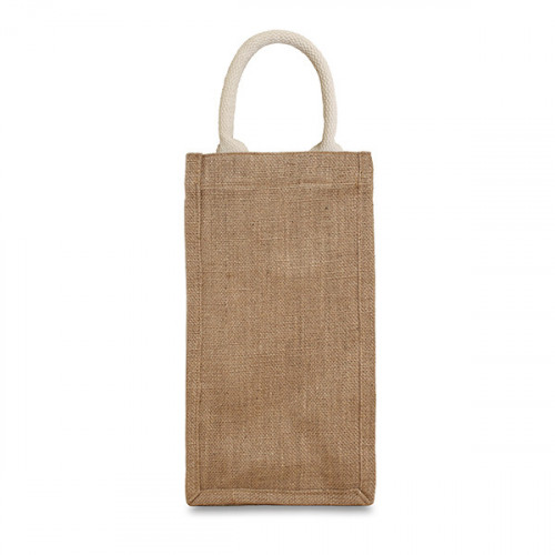 Front view of starched jute 2 bottle bag with short handles