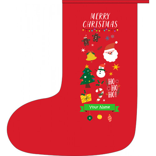 Red Christmas stocking with a design headed Merry Christmas with lots of festive images below the words and a banner at the bottom where your chosen name can be added.