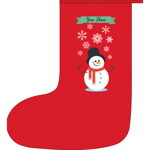 Red Christmas stocking with a cheerful looking snowman enjoying a shower of snowflakes. Above the snow is a banner where your chosen name can be added to the design in a decorative script fon