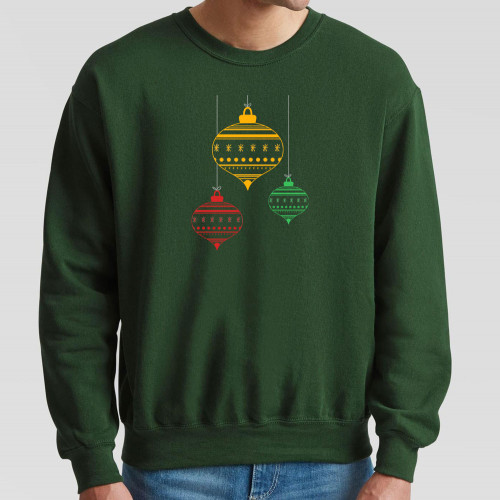 Dark Green Jumper printed with stylish Christmas bauble design in the centre of the chest. Suitable for everyday wear and informal festive gatherings.