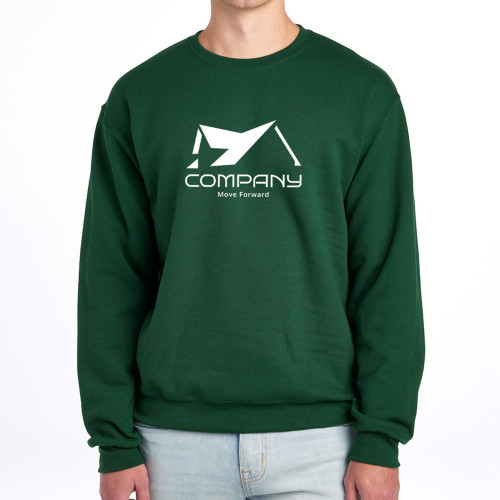 Dark Green sweatshirt printed with large company logo across the chest