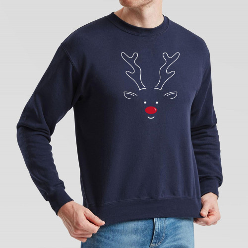 Navy Blue Jumper printed with stylised minimalist reindeer design on the front. A great choice for everyday wear during the festive season.