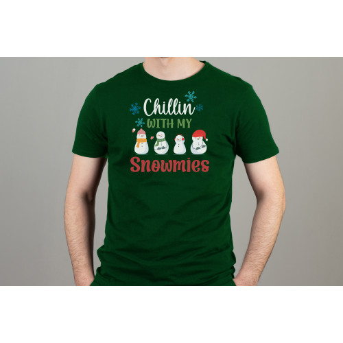 Model wearing dark green T-Shirt with humourous snowman printed design