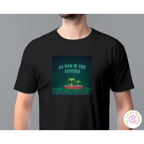 Black T-Shirt printed with #1 Dad in the Universe design in centre of the chest. A fun design featuring little green aliens fishing from a small boat under a starry night sky.