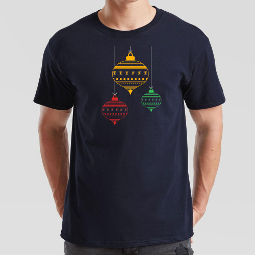 Navy Blue T-Shirt printed with stylish Christmas bauble design in the centre of the chest. Suitable for everyday wear and informal festive gatherings.
