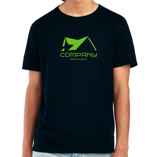 Black t-shirt printed with large company logo across the chest