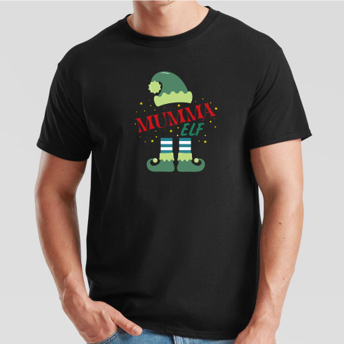 Black T-Shirt printed with cheerful festive coloured Mumma Elf design in the centre of the chest. Co-ordinates with our Trainee Elf, Pappa Elf, and Personalised Elf designs.