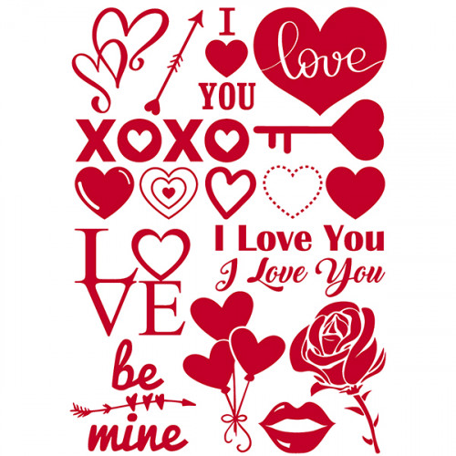 Red Love themed Iron on shapes A4 sheet