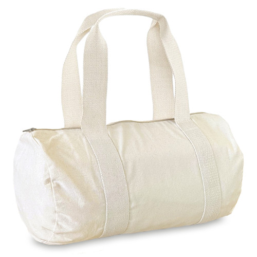 Beige colour cylindrical cotton bag with long handles and full length zip along the top.