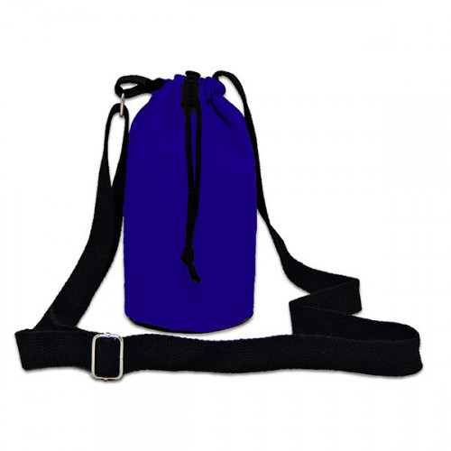 Blue canvas 8oz bottle Carrier Bag 13x18cm crossbody strap- close