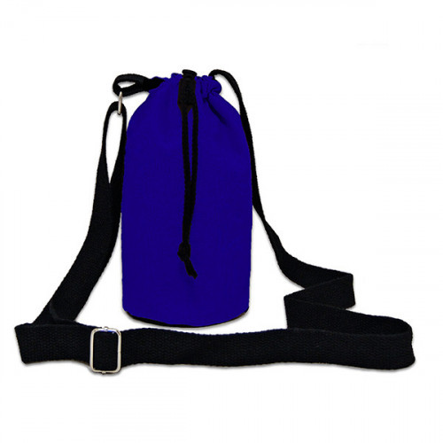 Blue canvas 8oz bottle Carrier Bag 15x20cm crossbody strap- close