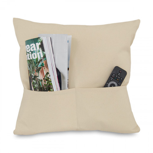 Natural canvas 8oz Cushion Cover 45x45cm square, 2 pockets - front with magazine & remote control