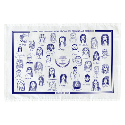 White tea towel printed with lots of simple hand drawn pictures of different people, each with a name hand written underneath. There is a double line border framing the drawings and a logo in