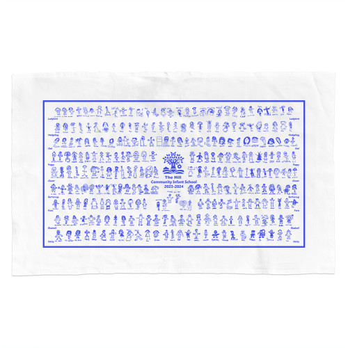 White tea towel printed with lots of simple hand drawn pictures of different people, each with a name hand written underneath. There is a double line border framing the drawings and a logo in