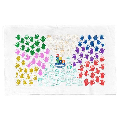 White tea towel printed with children's hand prints and drawings in different colours, with a colourful logo in the centre for the nursery which is celebrating its 40th year or providing chil