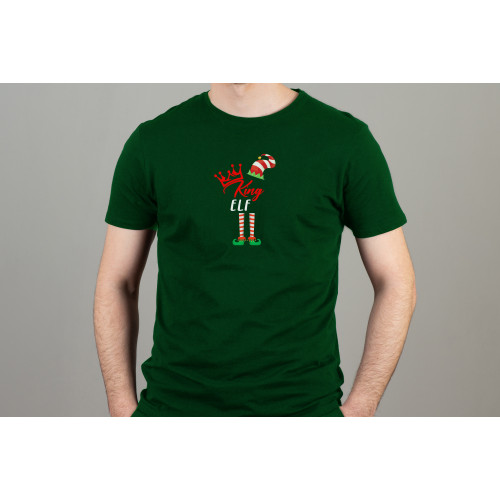 Model wearing dark green T-Shirt with King Elf printed design