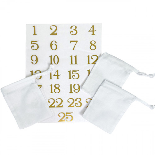White Cotton Drawstring Bags 10x13cm + Gold Numbers 1 to 25