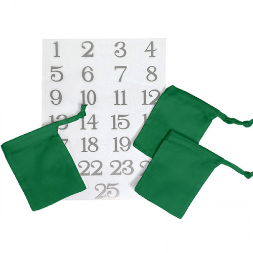 Emerald Cotton Drawstring Bags 10x13cm + Silver Numbers 1 to 25