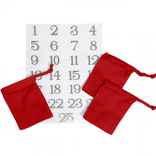 Red Cotton Drawstring Bags 10x13cm + Silver Numbers 1 to 25