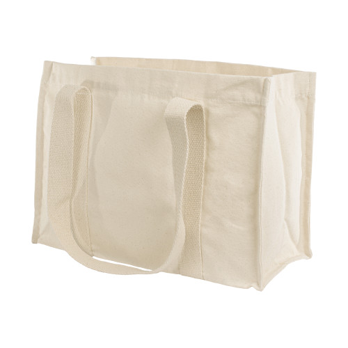 Beige canvas tote bag with medium length handles placed at an angle to the camera to show the deep gusset which makes this a perfect handy tote