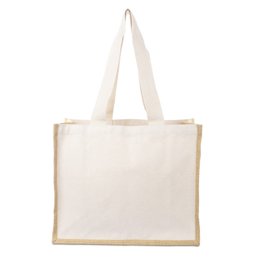 Jute & Canvas landscape tote bag with natural beige canvas front and back, natural brown jute all round gusset forming sides and base, and natural beige flat cotton webbing handles. Bag shown
