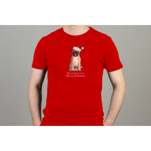 Model wearing red T-Shirt with adorable festive pug printed design