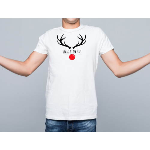 Model wearing white T-Shirt with playful Rude-olph reindeer printed design