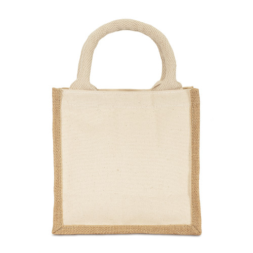 Small gift bag with beige natural cotton front and back, matching padded cotton handles, and attractively contrasting light brown natural jute sides and base