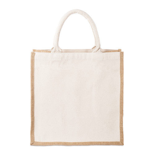 Jute & Canvas square box tote bag with natural beige canvas front and back, natural brown jute all round gusset forming sides and base, and natural beige padded cotton webbing handles. Bag sh