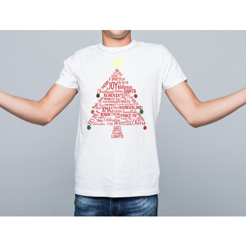 Model wearing white T-Shirt with clever Christmas tree shaped festive typography printed design