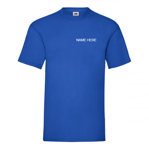Blue t-shirt with 'Your Name' printed in white on front left