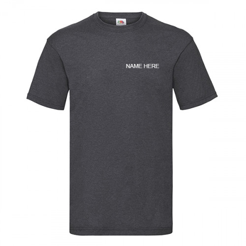 Dark grey t-shirt with 'Your Name' printed in white on front left
