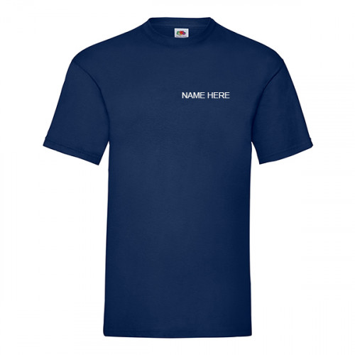 Navy t-shirt with 'Your Name' printed in white on front left