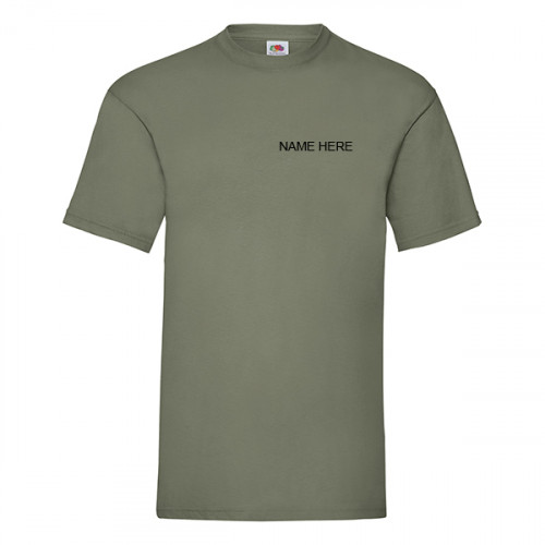 Olive t-shirt with 'Your Name' printed in black on front left